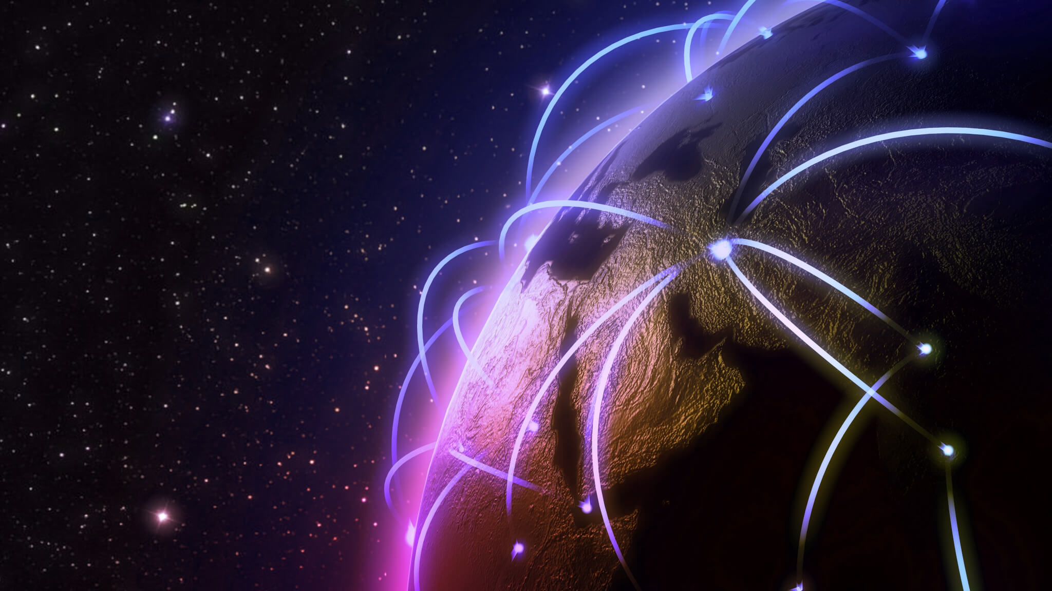 Connections around planet Earth viewed from space at night,